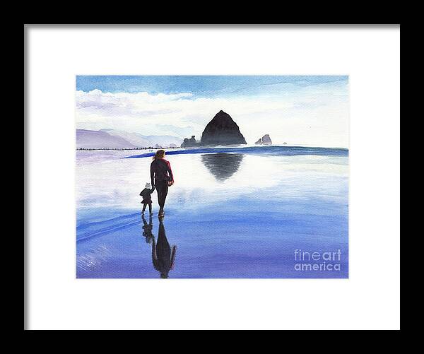 Woman And Girl Walking On Beach Framed Print featuring the painting A Watery Walk to Haystack Rock, Oregon by Conni Schaftenaar