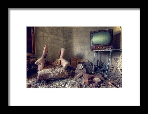 Abandoned Framed Print featuring the photograph Abandoned TV in Room by Roman Robroek