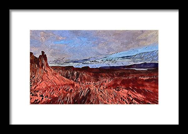 The Red Sandstone Cliffs At Ghost Ranch In Abiquiu Framed Print featuring the digital art Abiquiu Cliffs by Aerial Santa Fe