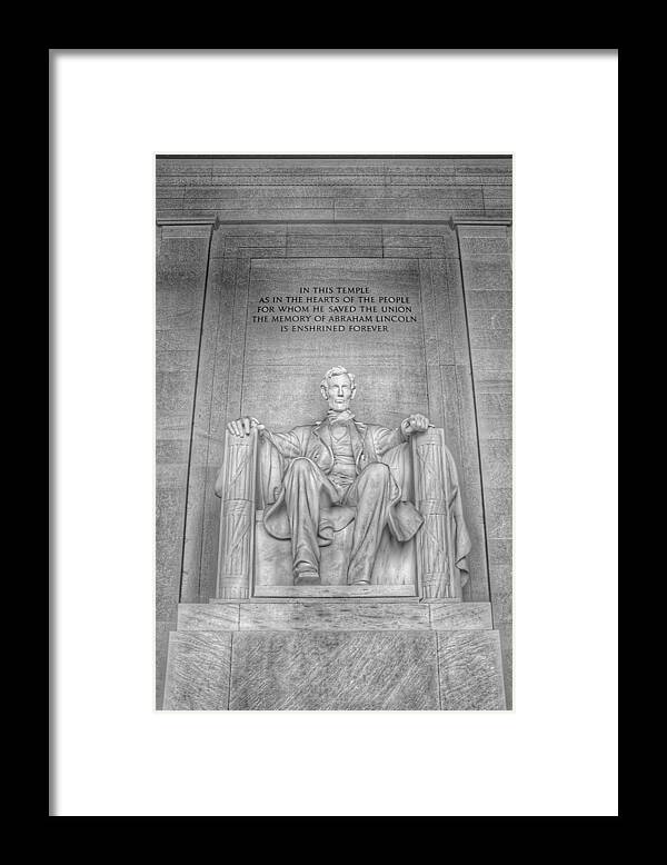 Abraham Lincoln Statue Framed Print featuring the photograph Abraham Lincoln Statue - The Lincoln Memorial Washington D.C. - Black and White Photography by Marianna Mills