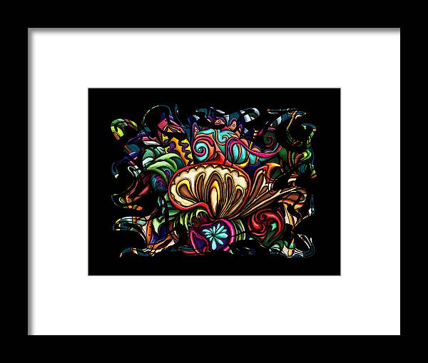 Mushroom Framed Print featuring the painting Abstract chameleon on red mushrooms, swirly colorful by Nadia CHEVREL