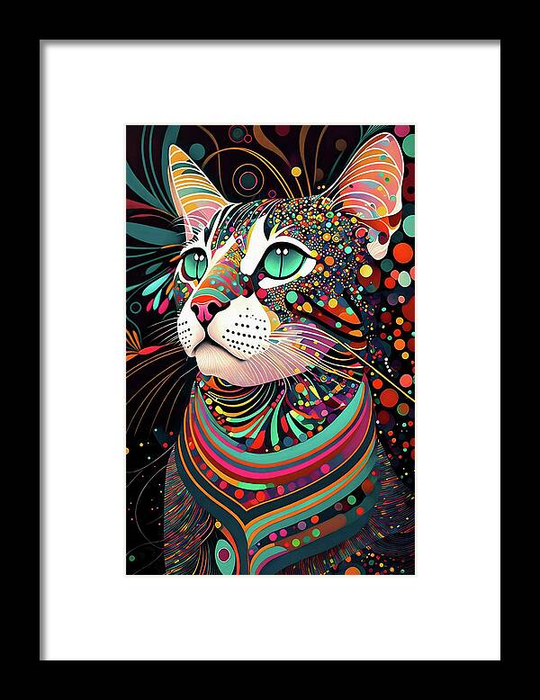 Abstract Cats Framed Print featuring the digital art Abstract Colorful Cat by Peggy Collins