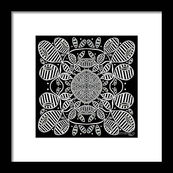 Textured Framed Print featuring the mixed media Abstract Design with Textured Black and White Loops and Detailed Center by Lise Winne