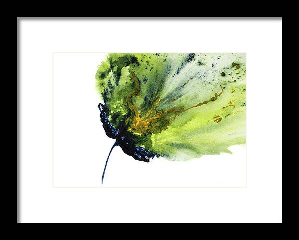 Abstract Flower Framed Print featuring the painting Abstract Flower Green Yellow Navy 1 by Catherine Jeltes