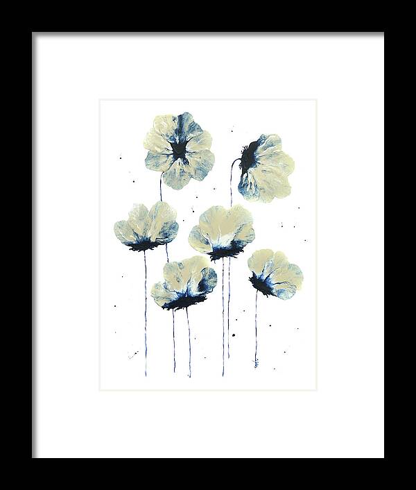 Abstract Flowers Framed Print featuring the painting Abstract Flowers Cream and Navy Floral Art by Catherine Jeltes