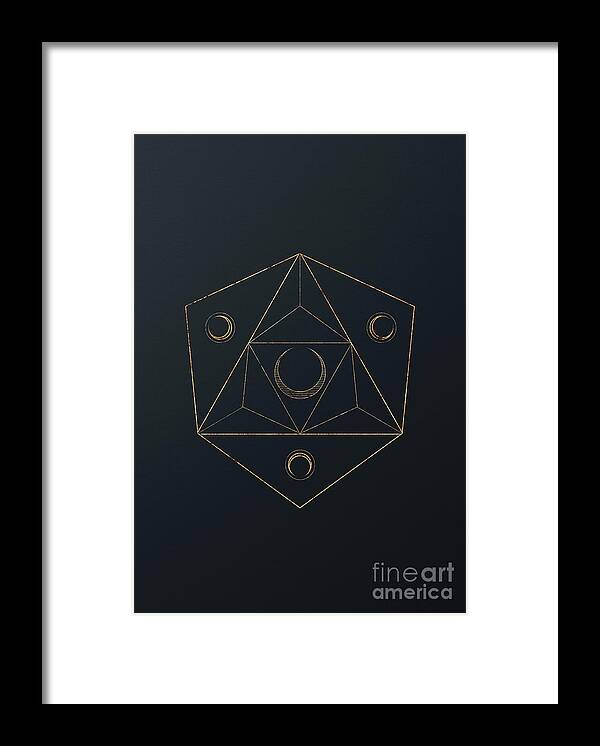 Glyph Framed Print featuring the mixed media Abstract Geometric Gold Glyph Art on Dark Teal Blue 320 Vertical by Holy Rock Design