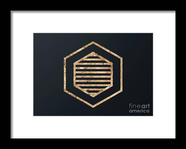 Glyph Framed Print featuring the mixed media Abstract Geometric Gold Glyph Art on Dark Teal Blue 406 Horizontal by Holy Rock Design