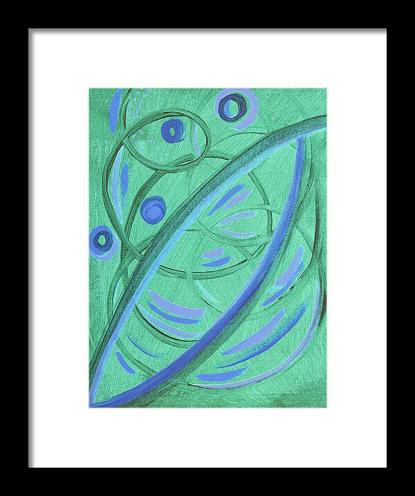 Abstract Framed Print featuring the painting Abstract Green and Blue Spirals by Corinne Carroll