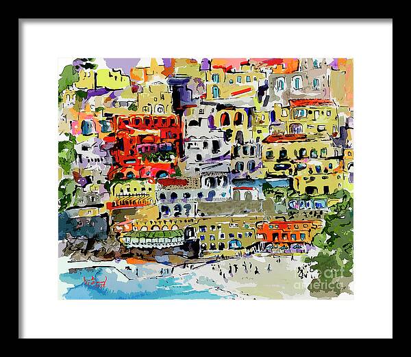 Abstract Amalfi Coast Framed Print featuring the mixed media Abstract Modern Positano Houses by Ginette Callaway