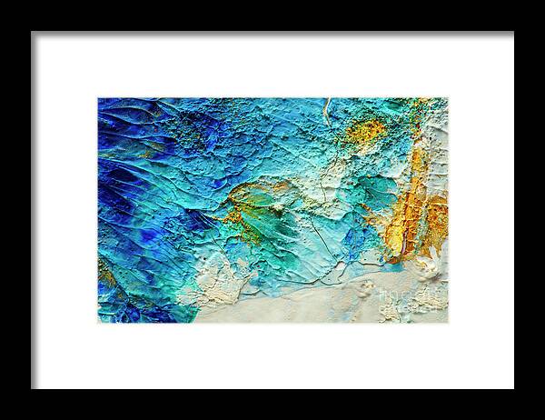 Paint Framed Print featuring the painting Abstract oil paint background. Golden and aquamarine color on wh by Jelena Jovanovic