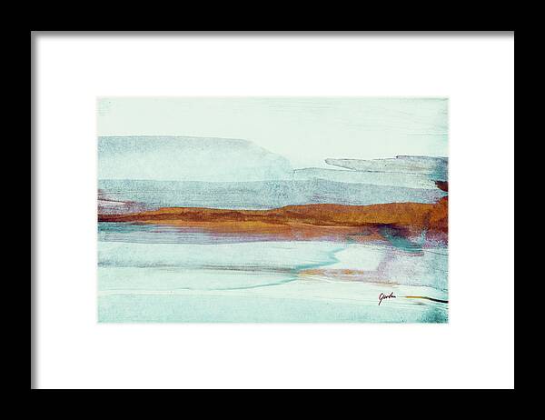 Abstract Framed Print featuring the painting Abstract Pastel Ink Landscape in Blue Teal and Brown - Morning Lake by Modern Abstract