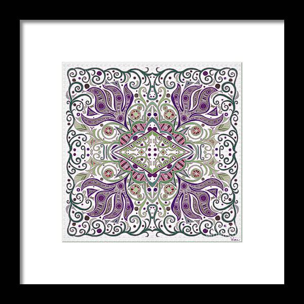 Diamond Framed Print featuring the tapestry - textile Abstract Textured Home Decor Design in White, Green, Purple, and Salmon color by Lise Winne