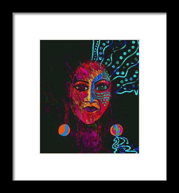 Portrait Framed Print featuring the mixed media Abstract Woman Fiery Face Out Of Shadows by Joan Stratton