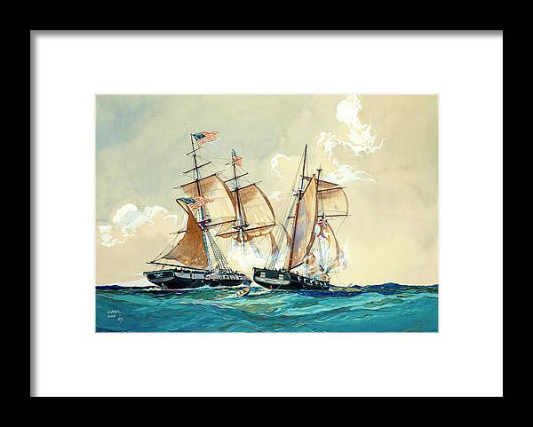 U.s.s. Brig Chasseur Framed Print featuring the painting Action Between the USS Brig Chasseur and British Schooner St Lawrence by Worden Wood by Worden Wood