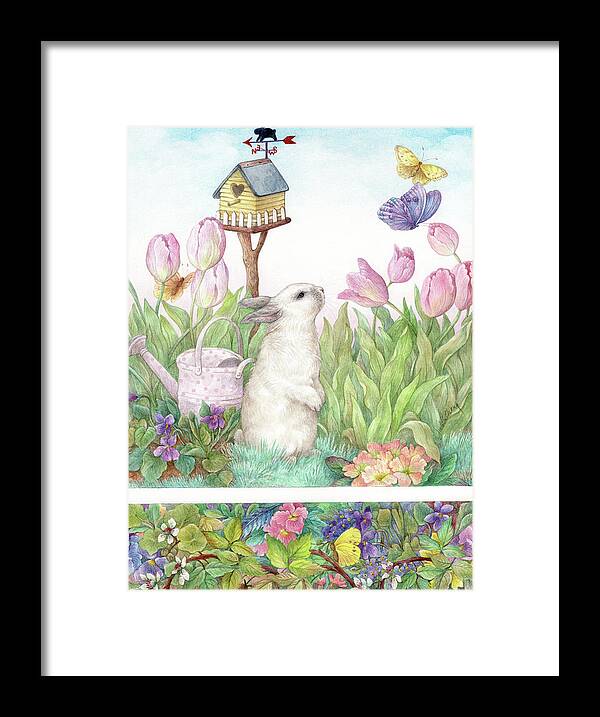 Painted Bunny Framed Print featuring the painting Adorable Bunny and Tulips by Judith Cheng