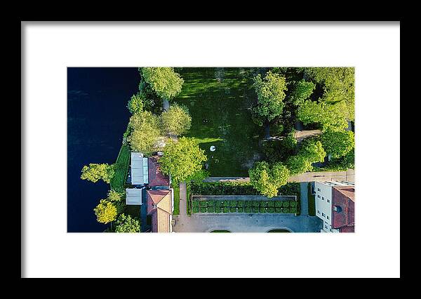 Berlin Framed Print featuring the photograph Aerial Drone Shot of a Wedding Party Standing in the Grounds of a Picturesque Building in Berlin, Germany Summertime by Morten Falch Sortland