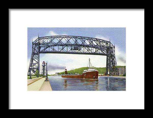 Duluth Framed Print featuring the photograph Aerial Lift Bridge with Freighter by Zenith City Press