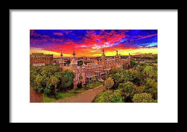 Henry B. Plant Museum Framed Print featuring the digital art Aerial of Henry B. Plant Museum in Tampa, Florida, at sunset - digital painting by Nicko Prints