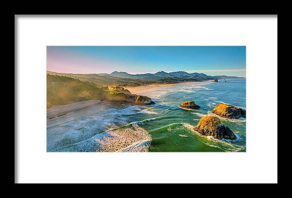 Golden Hour Framed Print featuring the photograph Aerial 2 photo pano hovering over the ocean at golden hour of 3 Bird Rocks, Ecola Park, Cannon Beach by Chris Anson