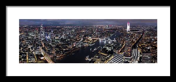 Panorama Framed Print featuring the photograph Aerial Panorama of the London Shard and Skyline at night by Sonny Ryse