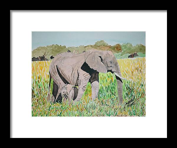 Africa Framed Print featuring the painting African Elephant Mom and Baby by Karen Merry