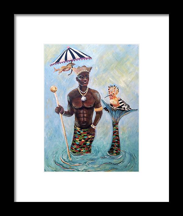 Olokun Framed Print featuring the painting African Merman King Olokun by Linda Queally by Linda Queally