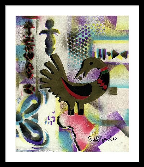 Everett Spruill Framed Print featuring the painting Afro - Aesthetic - K - Sankofa Bird and Adinkra symbol for Abundance by Everett Spruill