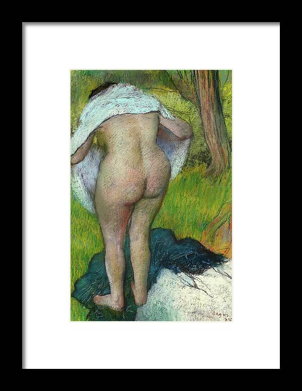 Edgar Degas Framed Print featuring the painting After the Bath, Woman Drying Herself, 1885 by Edgar Degas
