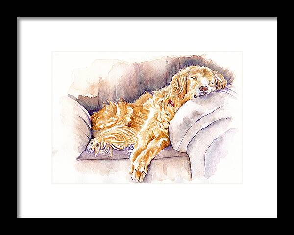 Golden Retriever Framed Print featuring the painting After the Lunch - Golden Retriever by Debra Hall