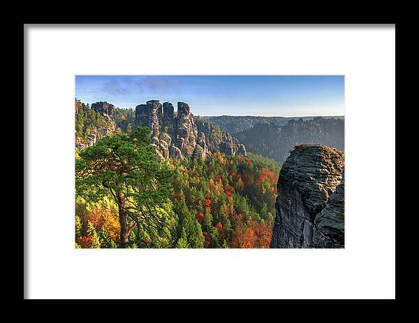 Saxon Switzerland Framed Print featuring the photograph After sunrise on the Bastei rocks by Sun Travels