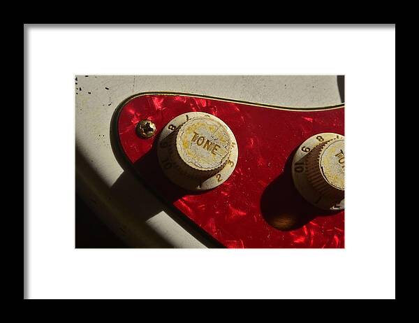 Fender Framed Print featuring the photograph Fender Stratocaster Guitar Aged Control Knobs by Guitarwacky Fine Art