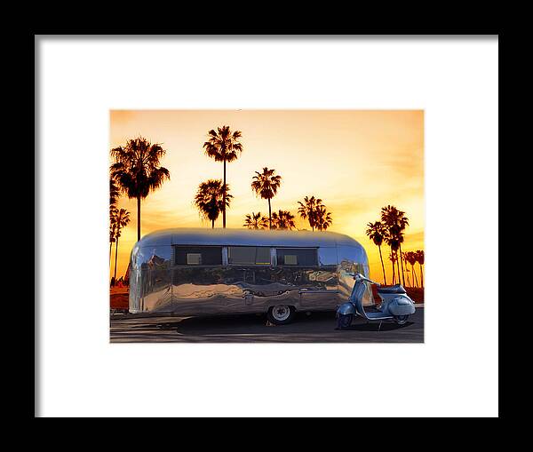 Sunset Framed Print featuring the photograph Airstream trailer and Vespa Scooter at Sunset by Larry Butterworth