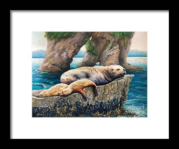 Sea Lion Framed Print featuring the pastel Alaskan Sea Break by Wendy Koehrsen