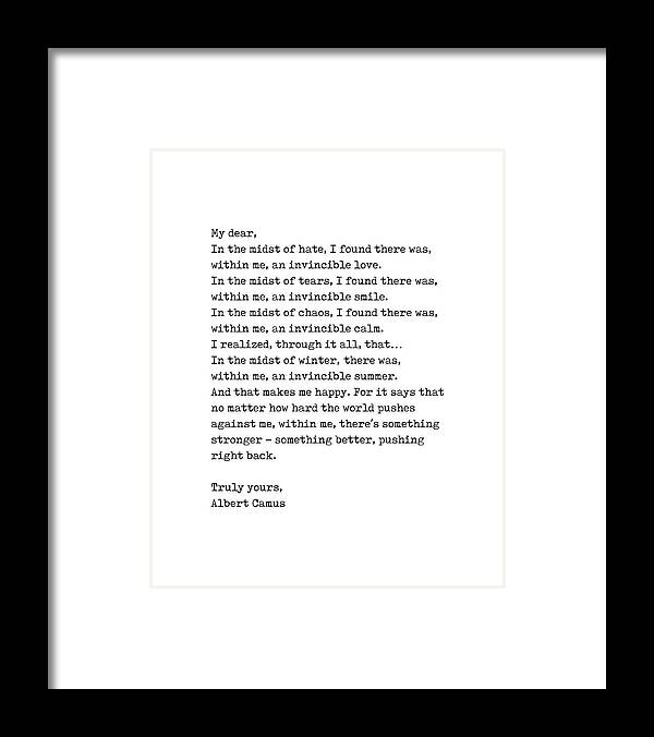 Albert Camus Framed Print featuring the digital art Albert Camus Quote - Invincible Summer 1 - Typewriter Print - Minimalist, Inspiring Literary Quote by Studio Grafiikka