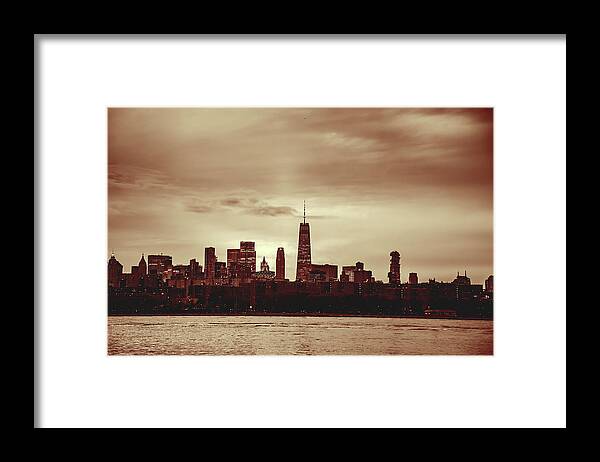 Oil On Canvas Framed Print featuring the digital art Albumen Print of Chicago Cityscape of coastal megapolis under sunset sky, Woodburytype by Celestial Images