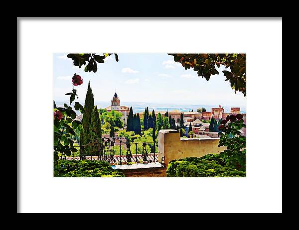 Alhambra Framed Print featuring the photograph Alhambra gardens, digital paint by Tatiana Travelways