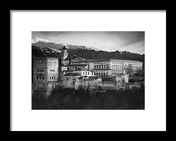 Alhambra Framed Print featuring the photograph Alhambra in Granada Spain BW by Rebecca Herranen