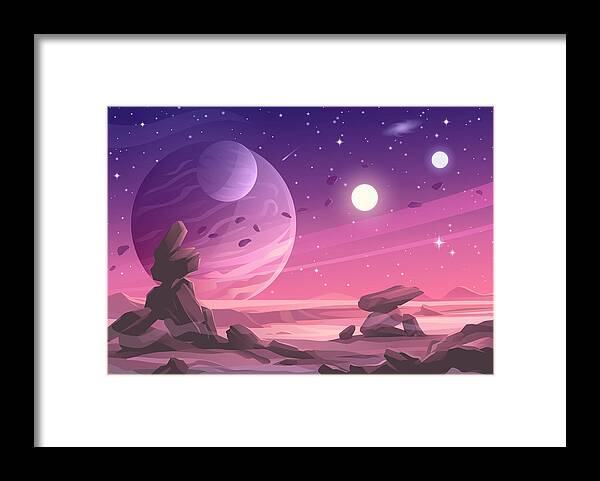 Panoramic Framed Print featuring the drawing Alien Planet Landscape Under A Purple Sky by Kbeis