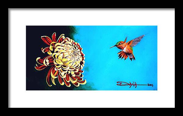 Birds Framed Print featuring the painting Allen's Hummingbird and Chrysanthemum by Dana Newman