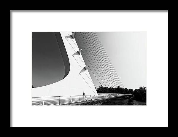Almost Over Framed Print featuring the photograph Almost Over -- Woman Walking Over Sundial Bridge in Redding, California by Darin Volpe