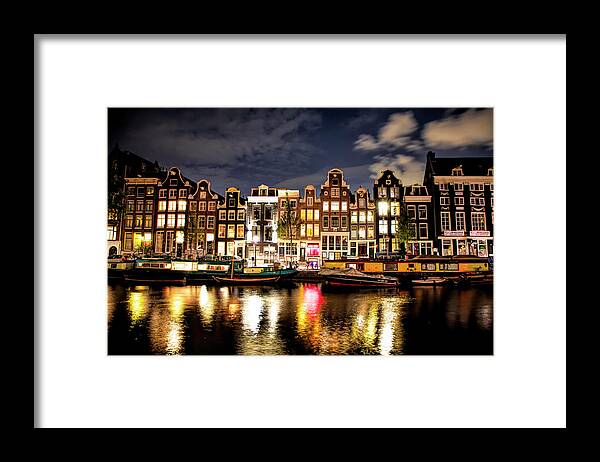 Europe Framed Print featuring the photograph Along A Canal at Night in Amsterdam by Cheryl Strahl