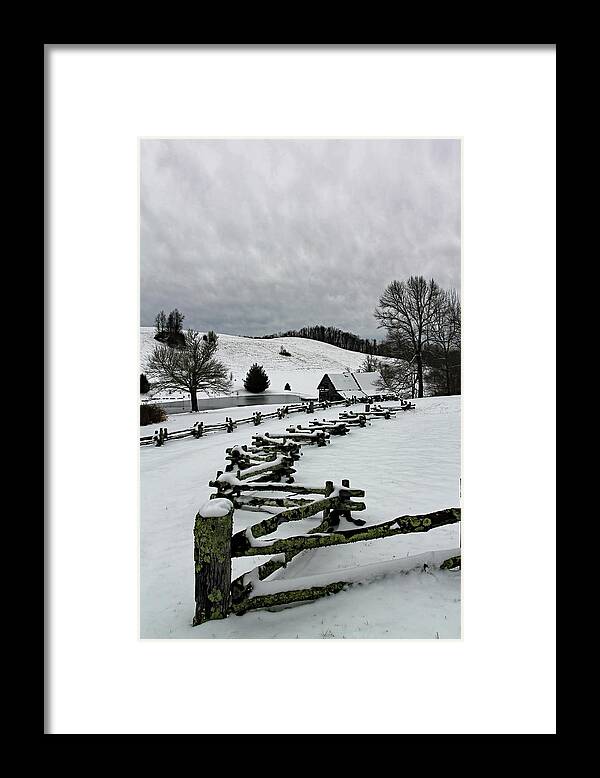Farmstead Framed Print featuring the photograph Along the Locust Rails in Winter by Jennifer Robin