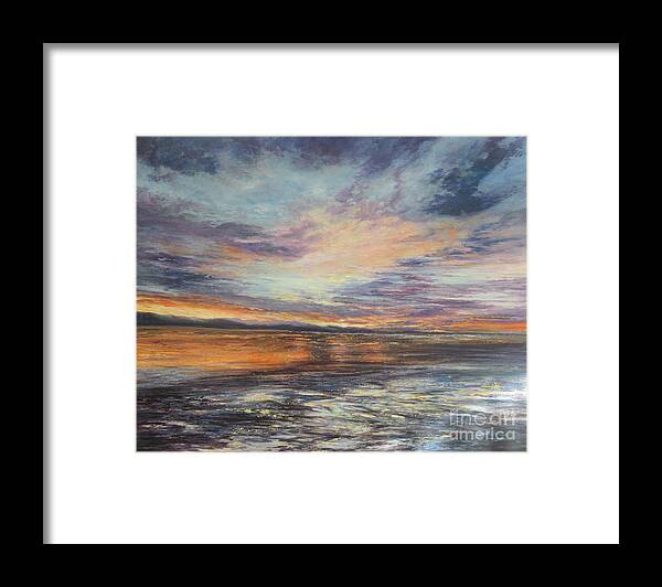 Sunset; Sunset Painting; Acrylic Painting; Seascape Painting; Seascape; Guernsey Artist; Reflections; Sky; Sea; Sea And Sky; Sunset Clouds; Framed Print featuring the painting Always Surprising by Valerie Travers