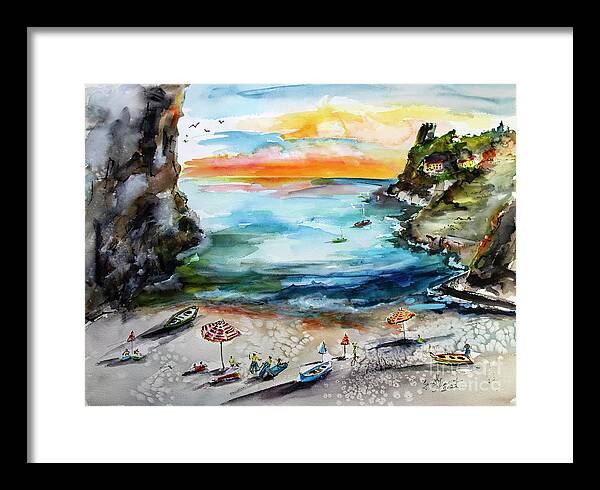 Amalfi Framed Print featuring the painting Amalfi Coast Italy The Cove 2 Watercolors and Ink by Ginette Callaway