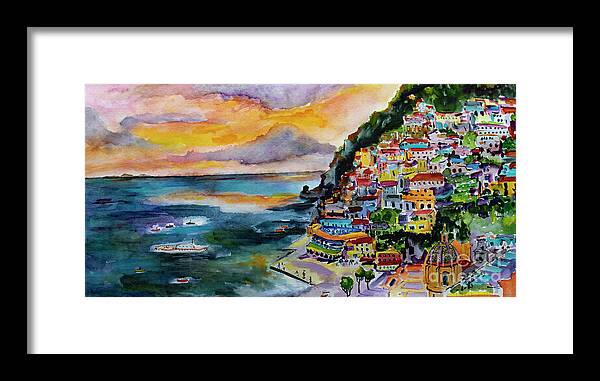 Paintings Of Italy Framed Print featuring the painting Amalfi Coast Positano Panorama by Ginette Callaway