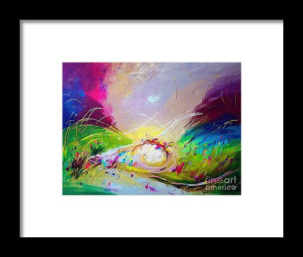 River Framed Print featuring the painting Amani Painting river spirit riverscape organic rushingriver clouds ilive abstract arrangement art awareness backdrop background brain canvas chin color composition consciousness creativity curve by N Akkash