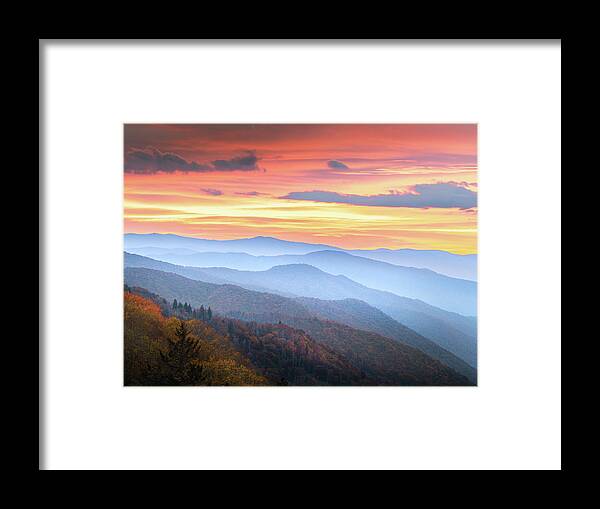 Oconaluftee Valley Framed Print featuring the photograph Amazing Autumn Sunrise In Smoky Mountain National Park by Jordan Hill