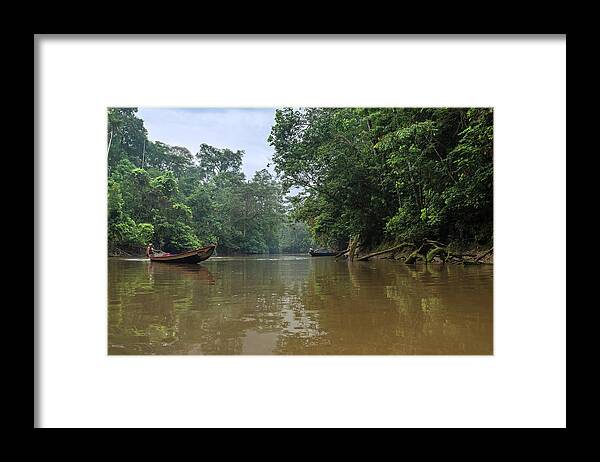 Amazon Framed Print featuring the photograph Amazonian tropical rainforest environment with calm river and canoe by Henri Leduc
