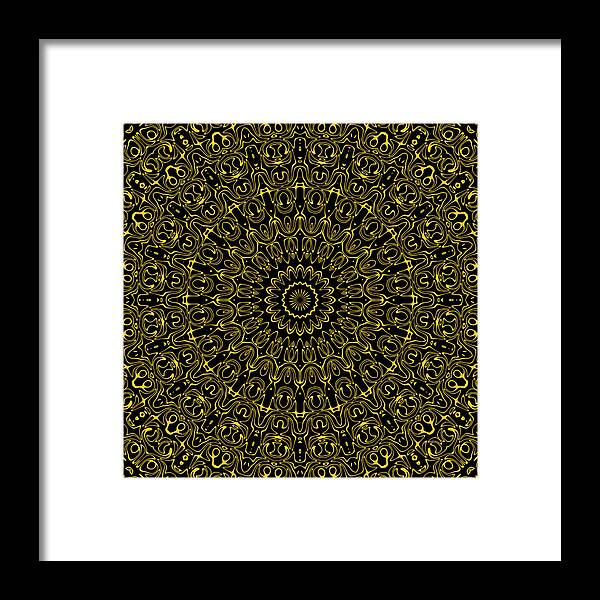 Amber Framed Print featuring the digital art Amber on Black Mandala Kaleidoscope Medallion Flower by Mercury McCutcheon