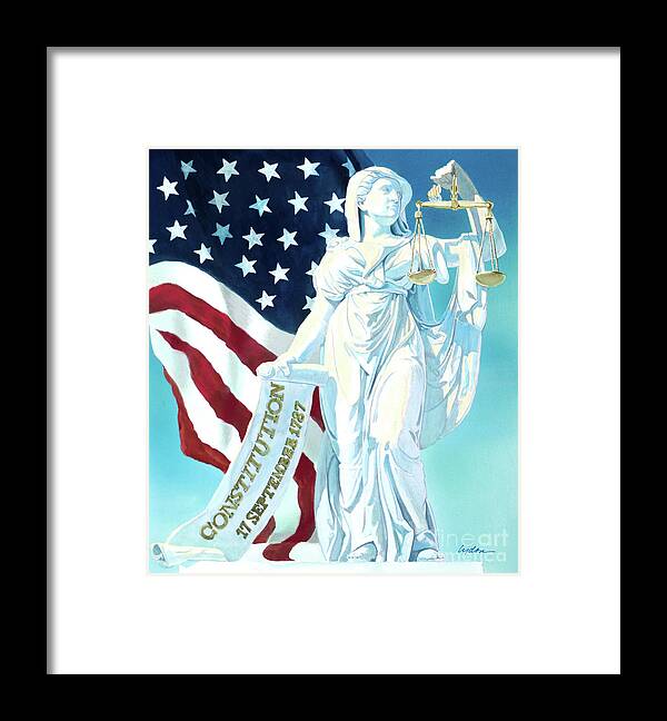 Tom Lydon Framed Print featuring the painting America - Genius of America - Justice Holding Scale And Scrolls by Tom Lydon